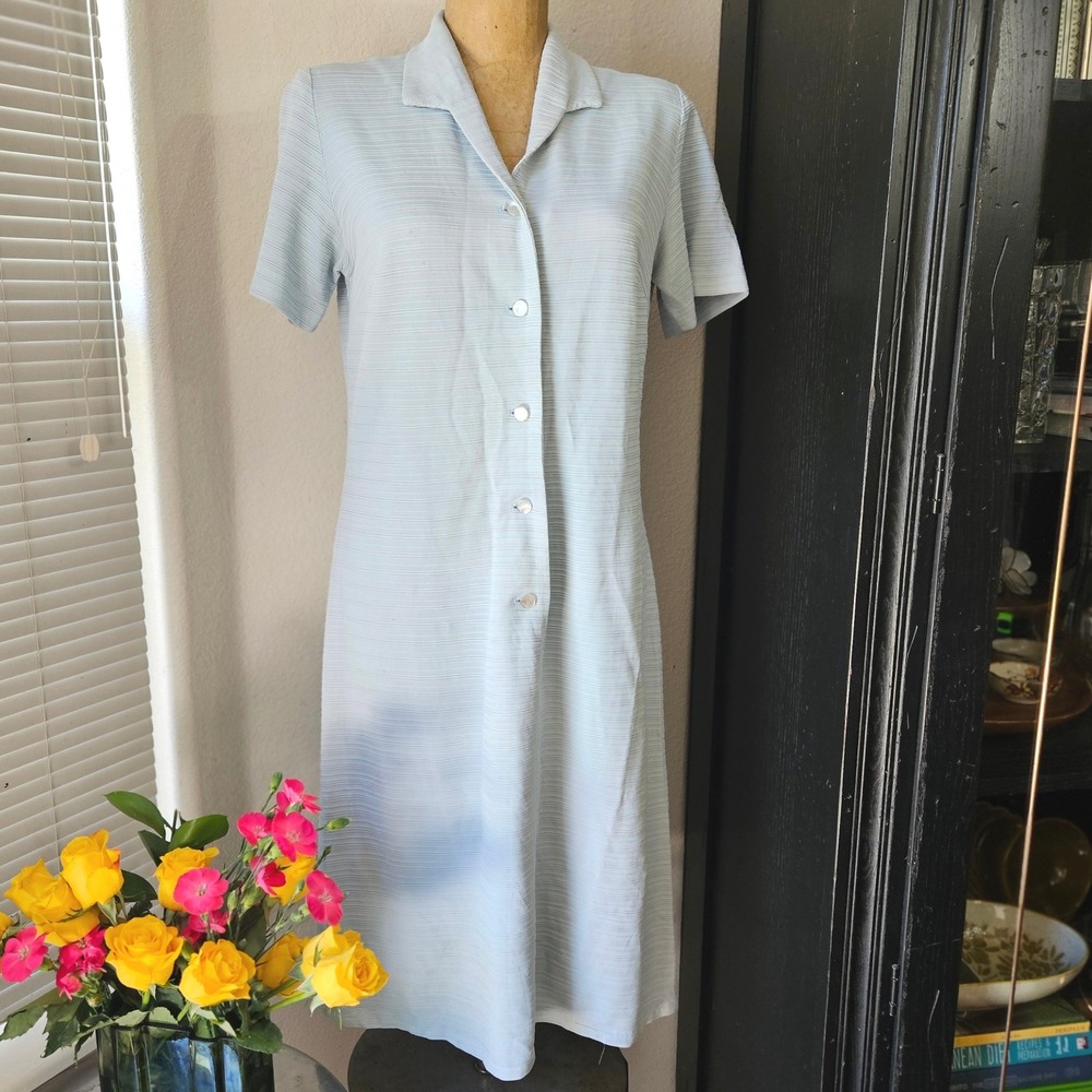 Carol Brent Montgomery Ward Blue Ribbed Shirt Dress Button Front Midi Vintage